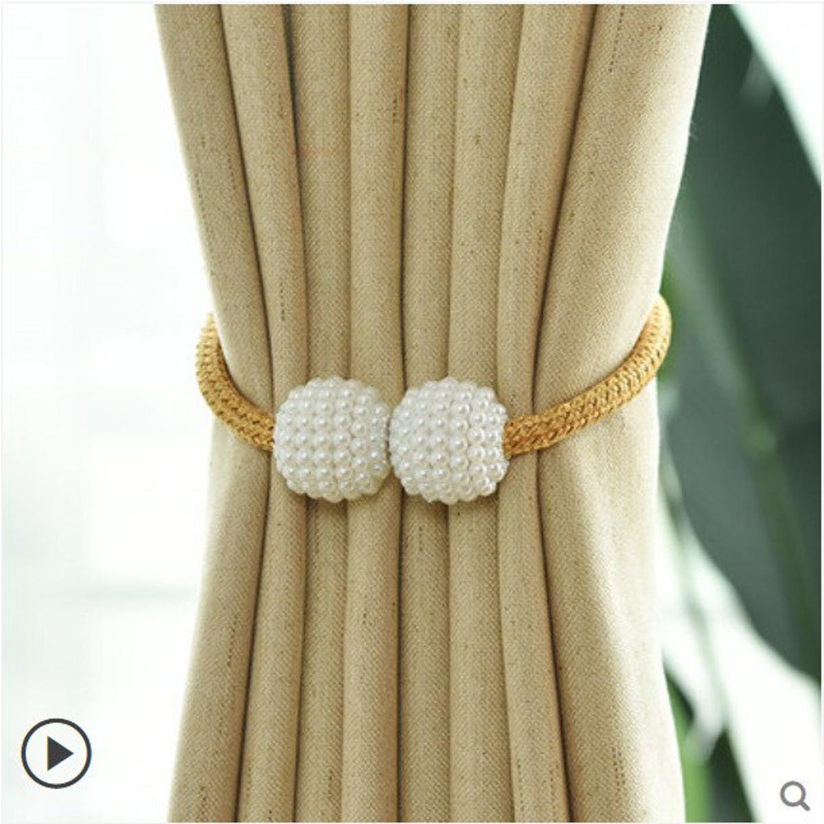 Picture of 2pcs Parday Curtain Tiebacks Curtain Buckle Draperies Pearl Magnetic Rope Braided Straps Ball Buckles Rings & Buckles Holder Punch Free Curtains Hold Clips Curtain Accessories - NR Mart-2024 - Multicolor
