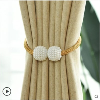 Picture of 2pcs Parday Curtain Tiebacks Curtain Buckle Draperies Pearl Magnetic Rope Braided Straps Ball Buckles Rings & Buckles Holder Punch Free Curtains Hold Clips Curtain Accessories - NR Mart-2024 - Multicolor