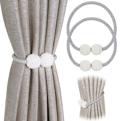 Picture of 2pcs Parday Curtain Tiebacks Curtain Buckle Draperies Pearl Magnetic Rope Braided Straps Ball Buckles Rings & Buckles Holder Punch Free Curtains Hold Clips Curtain Accessories - NR Mart-2024 - Multicolor