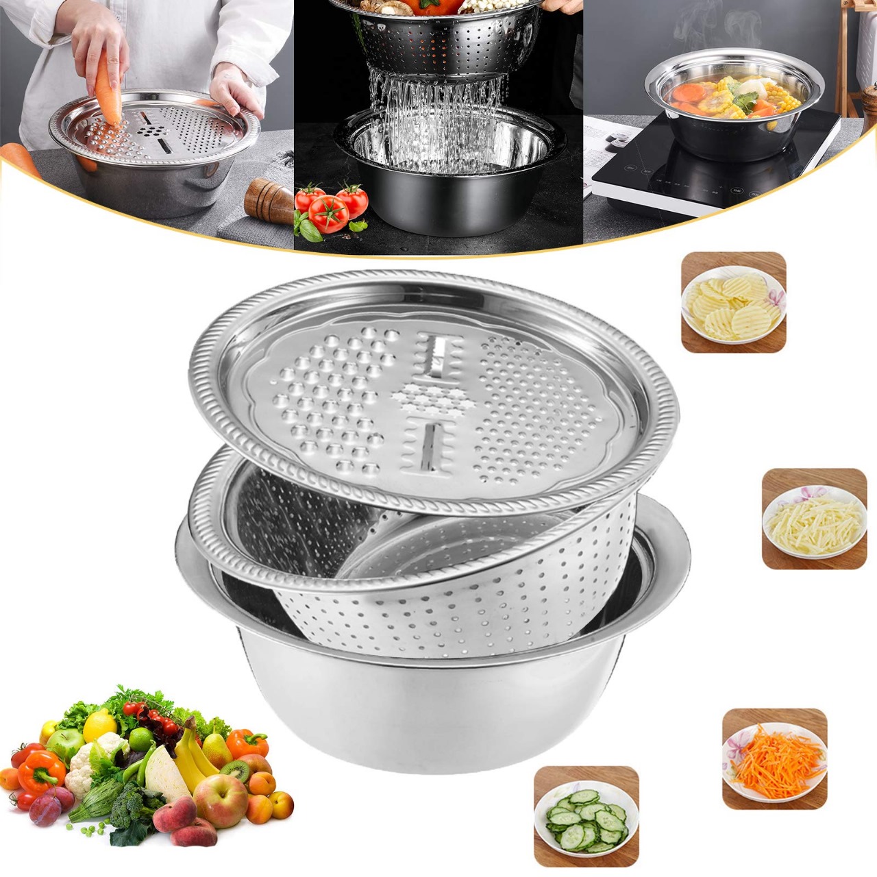 Picture of 3 in 1 Multifunctional Stainless Steel Grating Basin thick stainless steel drain basin kitchen/Vagetable Cutter - NR Mart-2024 - Multicolor