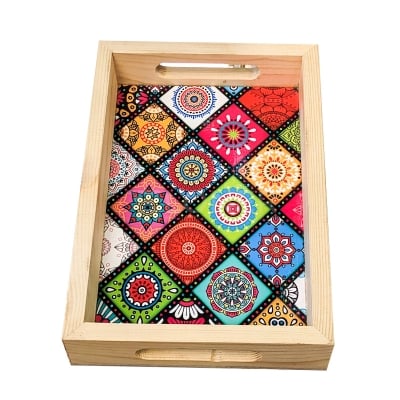Picture of WOODEN RETENGULAR TRAY MANDALA 