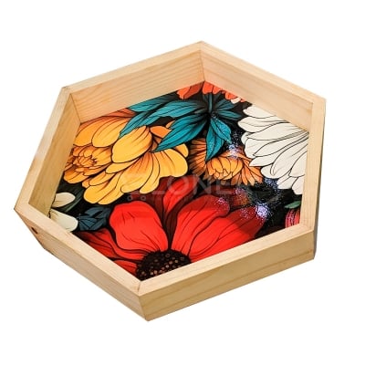 Picture of WOODEN HEXAGON TRAY RED FLORAL 