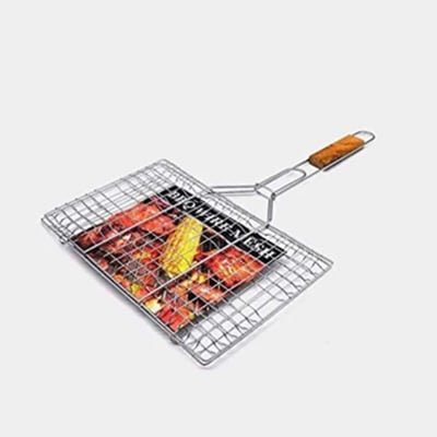 Picture of Portable Barbecue BBQ Grill Net Basket Roast Grilling Tray Chromium Plated with Wooden Handle Multicolor 