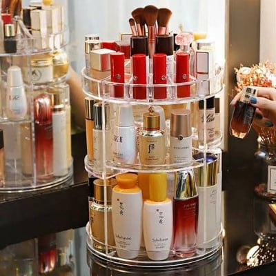 Picture of Diamond Acrylic 360 Makeup Organizer 360 Rotating Cosmetic Organizer with Brush Lipstick Holder Storage Multicolor 