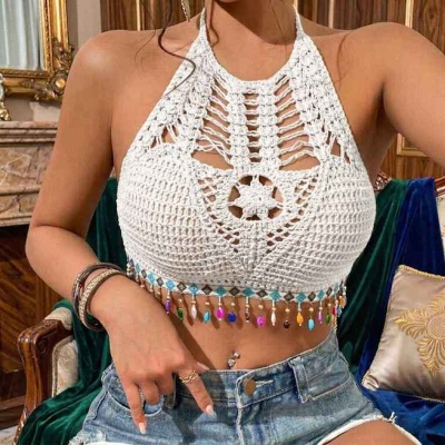 Picture of Bohemian Style Hollow Embroidery Knitted Bra-Free Size