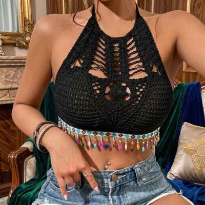 Picture of Bohemian Style Hollow Embroidery Knitted Bra-Free Size