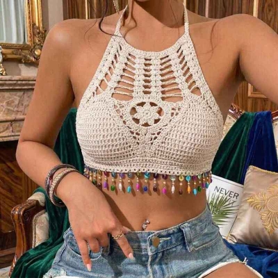 Picture of Bohemian Style Hollow Embroidery Knitted Bra-Free Size