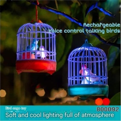 Picture of Rechargeable Electric Chirping Birds Birdcage Voice Control Talking Birds Toy - Multicolor