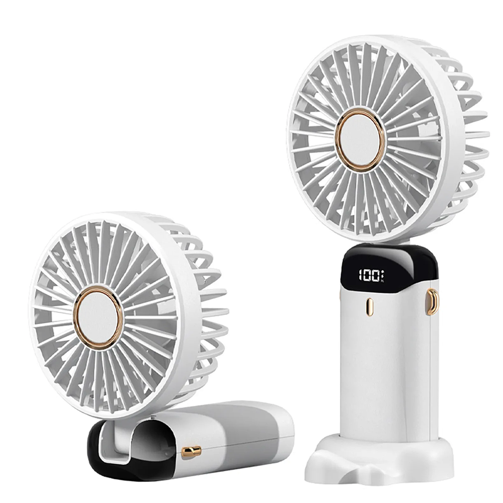 Picture of USB Handheld Mini Fan Foldable Portable Neck Hanging Fans 5 Speed USB Rechargeable Fan with Phone Stand and Display Screen