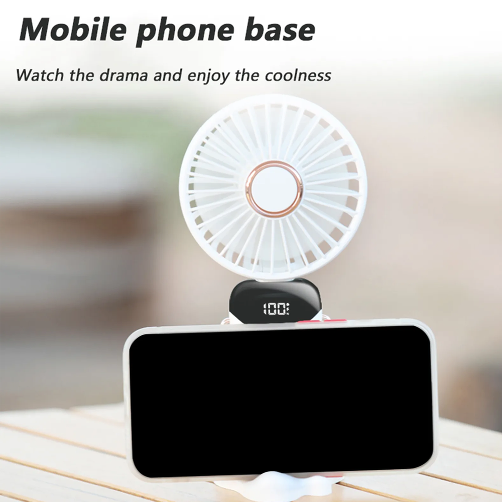 Picture of USB Handheld Mini Fan Foldable Portable Neck Hanging Fans 5 Speed USB Rechargeable Fan with Phone Stand and Display Screen