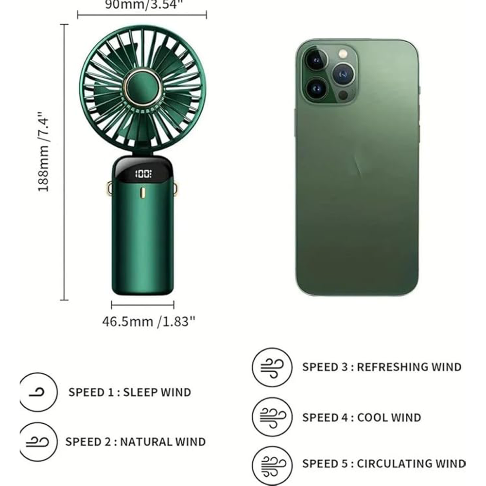 Picture of USB Handheld Mini Fan Foldable Portable Neck Hanging Fans 5 Speed USB Rechargeable Fan with Phone Stand and Display Screen