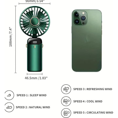 Picture of USB Handheld Mini Fan Foldable Portable Neck Hanging Fans 5 Speed USB Rechargeable Fan with Phone Stand and Display Screen