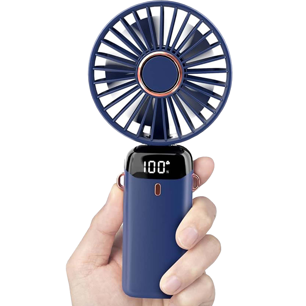 Picture of USB Handheld Mini Fan Foldable Portable Neck Hanging Fans 5 Speed USB Rechargeable Fan with Phone Stand and Display Screen
