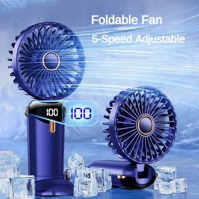 Picture of USB Handheld Mini Fan Foldable Portable Neck Hanging Fans 5 Speed USB Rechargeable Fan with Phone Stand and Display Screen
