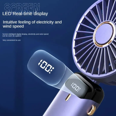 Picture of USB Handheld Mini Fan Foldable Portable Neck Hanging Fans 5 Speed USB Rechargeable Fan with Phone Stand and Display Screen