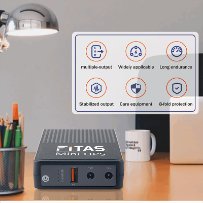 Picture of FiTAS Mini UPS Tm55 for Router, Onu, CCTV - 5v 12v 12v Volt Output 10400 mAh Battery - Black