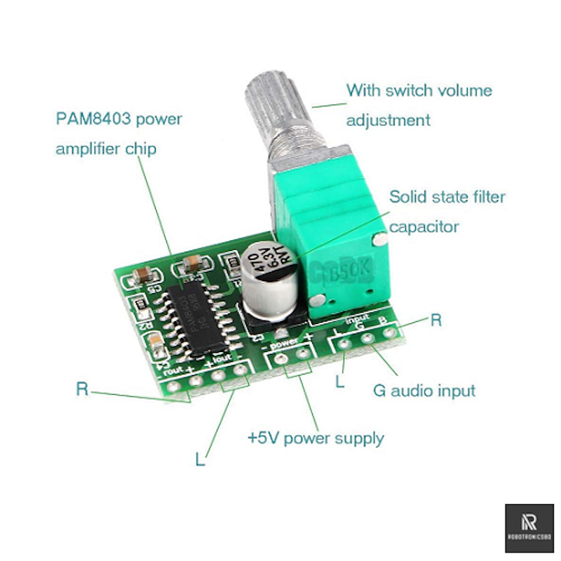 Picture of PAM8403 2x3W Mini Audio Amplifier Board with Volume Control | USB Powered 5V Class D Module | Replace TDA7297/TDA2030 | XH-M139 (Green)