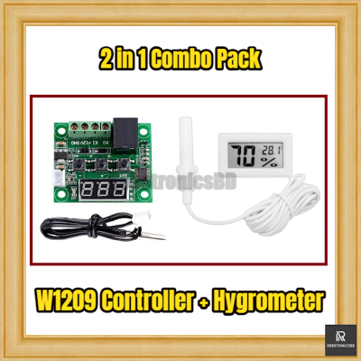 Picture of W1209 Temperature Controller + Digital Hygrometer Combo Pack | 12V DC Thermostat Module + LCD Humidity Meter | Ideal for Incubators, DIY Projects, Greenhouses (1 kg)