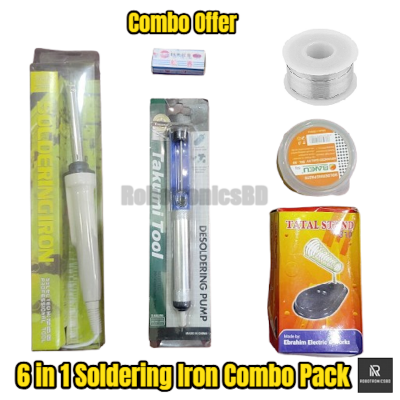 Picture of Soldering Iron Combo Pack | 6 in 1 Kit | 60W High/Low Adjustable Soldering Iron, Desoldering Pump, Stand, Solder Wire, Rosin, Paste | DIY & Electronics Repair Kit (Multicolor)