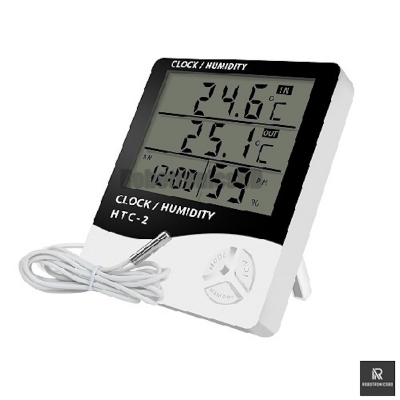 Picture of HTC-2 Digital Temperature and Humidity Meter | Indoor Thermo-Hygrometer with Clock & External Probe | Ideal for Home, Office, Incubator, Lab (White)