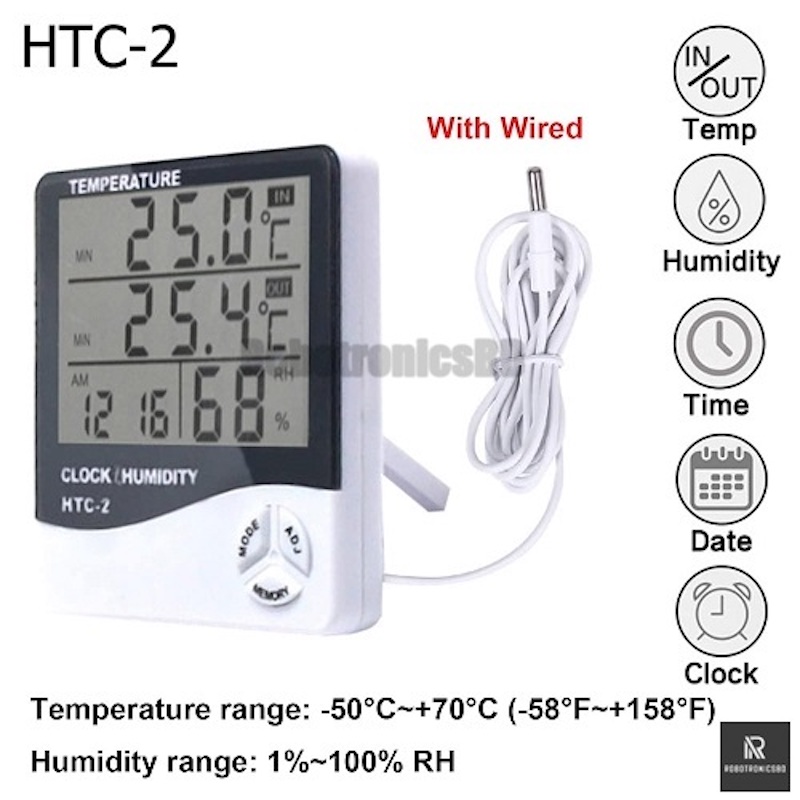 Picture of HTC-2 Digital Temperature and Humidity Meter | Indoor Thermo-Hygrometer with Clock & External Probe | Ideal for Home, Office, Incubator, Lab (White)