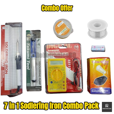 Picture of Soldering Iron Combo Pack | 7 in 1 Kit | 60W 908 Soldering Iron, DT830 Multimeter, Desoldering Pump, Stand, Solder Wire, Rosin, Paste | DIY & Electronics Repair Kit (Multicolor)