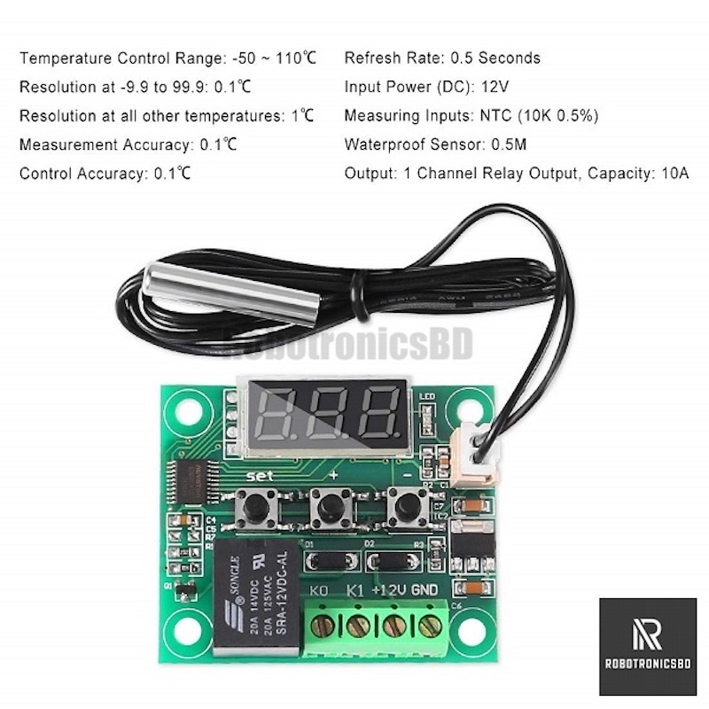 Picture of W1209 Digital Temperature Controller for Incubator DC 12V 10A Relay Three Digit Red LED Tube Replace XH-M452 XM-18 HTC-2 (0.5 kg)