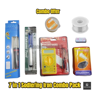 Picture of Soldering Iron Combo Pack | 7 in 1 Kit | 60W Soldering Iron with Indicator Light, DT830 Multimeter, Desoldering Pump, Soldering Stand, Solder Wire, Rosin, Paste | DIY & Electronics Repair Kit (Multicolor)