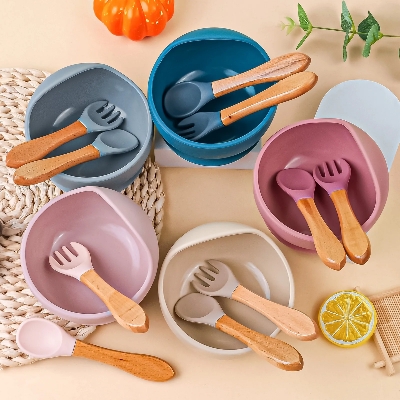 Picture of 3PCS/Set Silicone Baby Feeding Bowl Tableware for Kids Waterproof Suction Bowl With Spoon