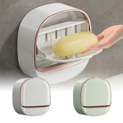 Picture of Soap Box Wall Mounted ABS Soap Box with Lid Waterproof Soap Dish Dishes Storage Box