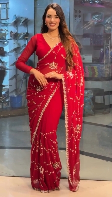Picture of Chinigura Georgette Sequences Embroidery Sharee-Crimson Red-12 Haat