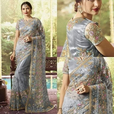 Picture of Indian Georgette Embroidered Saree – Silver Grey-12 Haat