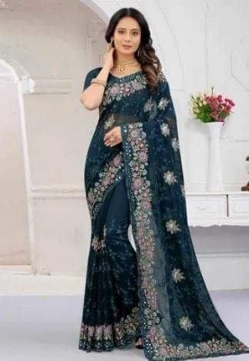 Picture of Indian Georgette Embroidered Saree – Deep Teal-12 Haat