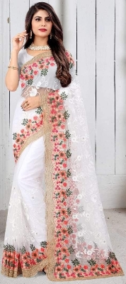 Picture of Indian Georgette Embroidered Saree – White-12 Haat