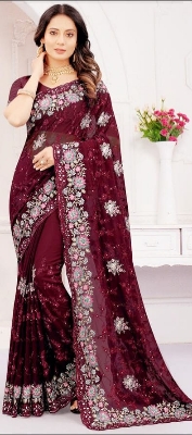 Picture of Indian Georgette Embroidered Saree – Maroon-12 Haat
