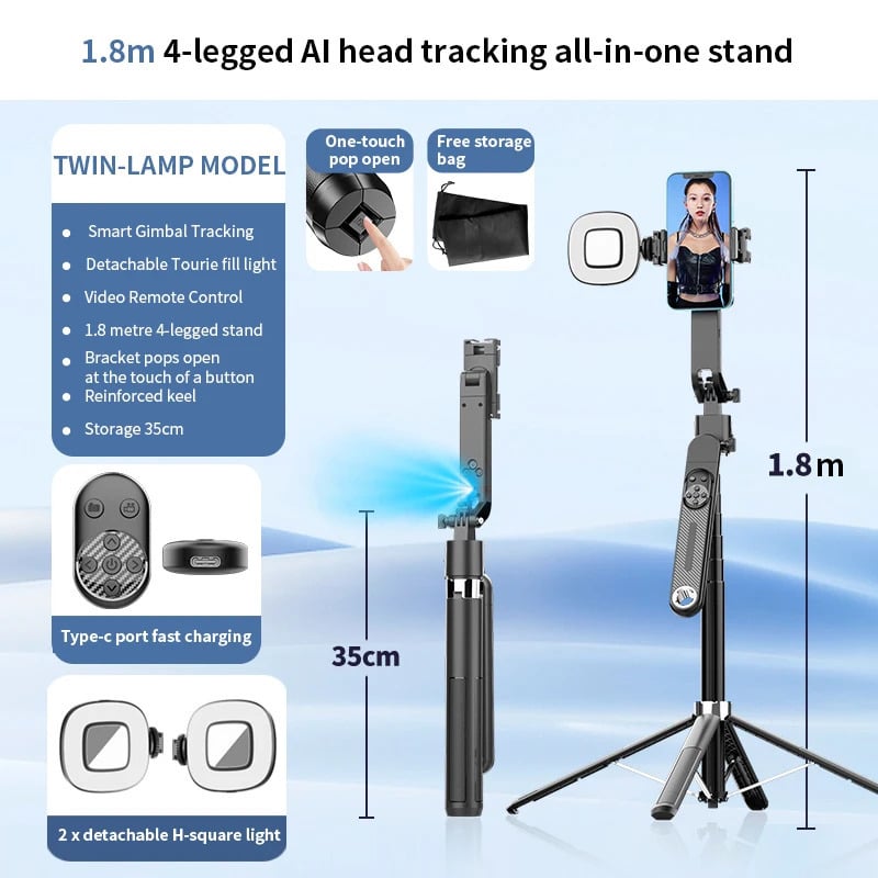 Picture of Q515TK Auto Face Tracking Selfie Stick Tripod with Wireless Remote Control Smart Auto AI Tracking Stabilizer Gimbal (5.8) foot-Black