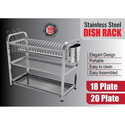 Picture of SKB Cookware Wall Hanging 3 Layer Stainless Steel Dish Rack (Square) 18 & 20 Plate - High Quality with Glass & Spoon Holder