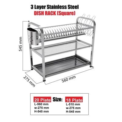 Picture of SKB Cookware Wall Hanging 3 Layer Stainless Steel Dish Rack (Square) 18 & 20 Plate - High Quality with Glass & Spoon Holder