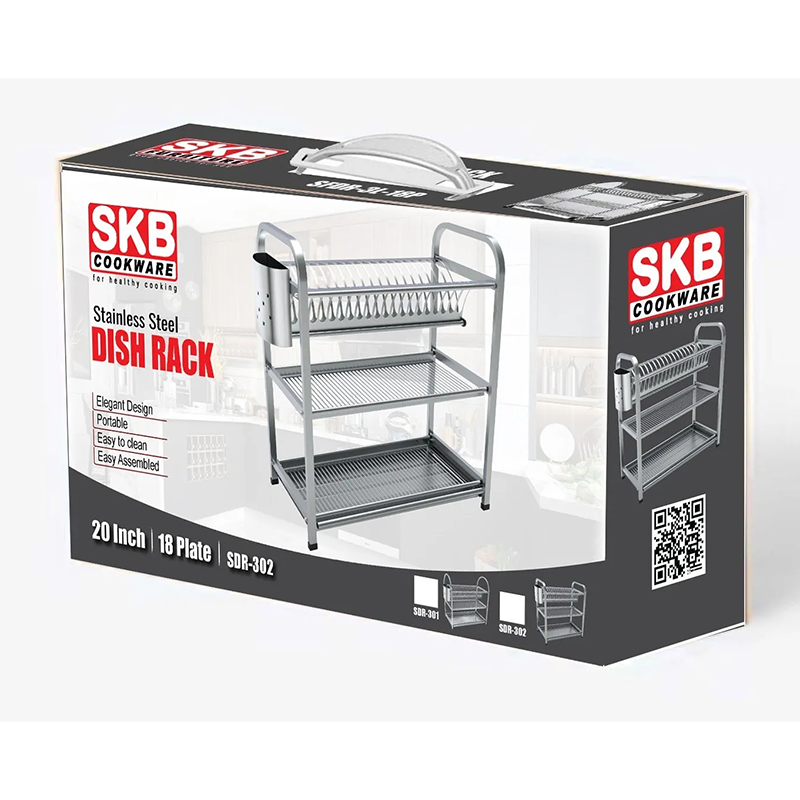 Picture of SKB Cookware Wall Hanging 3 Layer Stainless Steel Dish Rack (Square) 18 & 20 Plate - High Quality with Glass & Spoon Holder