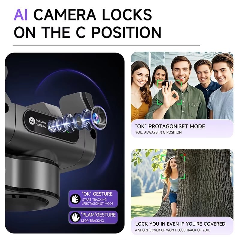 Picture of C22 AI Face Tracking 360° Rotating Selfie Stick Tripod with Bluetooth Remote & Auto Tracking Gimbal-Black