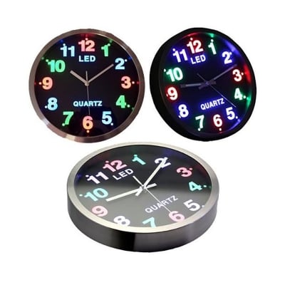 Picture of Wall Clock 26 cm Diameter Illuminated with Colourful LED Dial Lighting and Quartz Movement (Smooth, Analogue, Quiet, No Ticking) Black (Multicolor)