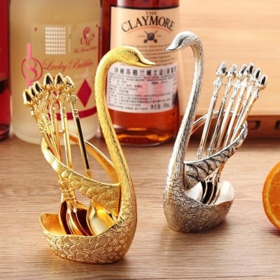 Picture of Luxary Spoon Set with Swan Stand –Golden Silver (Silver)