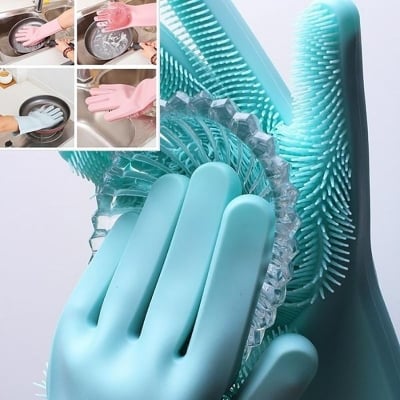 Picture of Silicone Cleaning Gloves with Wash Scrubber Reusable Brush Dish 2pcs (Multicolor)