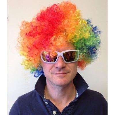Picture of Adult Multi Coloured Rainbow Circus Curly Afro Clown Wig Halloween Fancy Dress 
