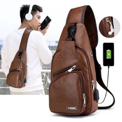 Picture of Large Leather Sling Bag USB Charging Port Crossbody Shoulder Bag Travel Chest Bag Unisex Fashion Backpack (Brown)
