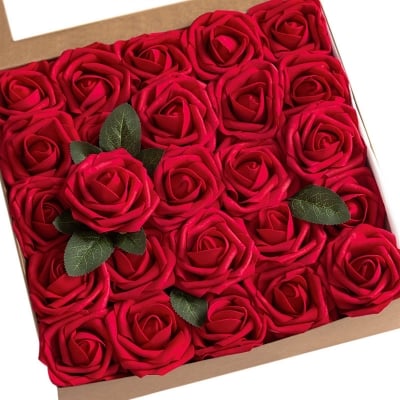 Picture of Artificial Flowers 10pcs Dark Red Fake Roses DIY Wedding Bouquets Centerpieces Arrangements Party Home Decorations (Red)