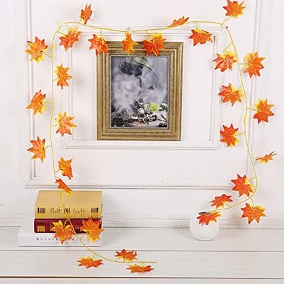 Picture of 1 Pack Autumn Artificial Maple Leaf Garland Leaves Hanging Plant for Home Thanksgiving Wedding Fireplace Decor (Multicolor)