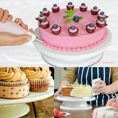 Picture of Rotating Cake Turntable | Decorating Turn Table Stand Cake Turning Table Baking Rotating Tray Rotating Turntable Stand White Plastic (White)