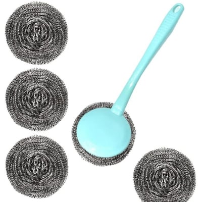 Picture of 5 PCS Stainless Scrubber with Long Handle Steel Wire Replaceable Cleaning Washing Brush Tool for Kitchen Dish Bowl (Multicolor)