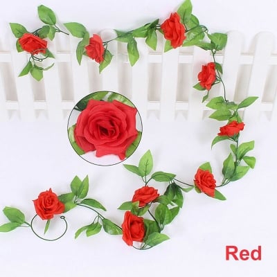 Picture of Elegant Artificial Silk Rose Vine Garland with Faux Green Leaves for Home Wedding Party Wall Decoration (Multicolor)